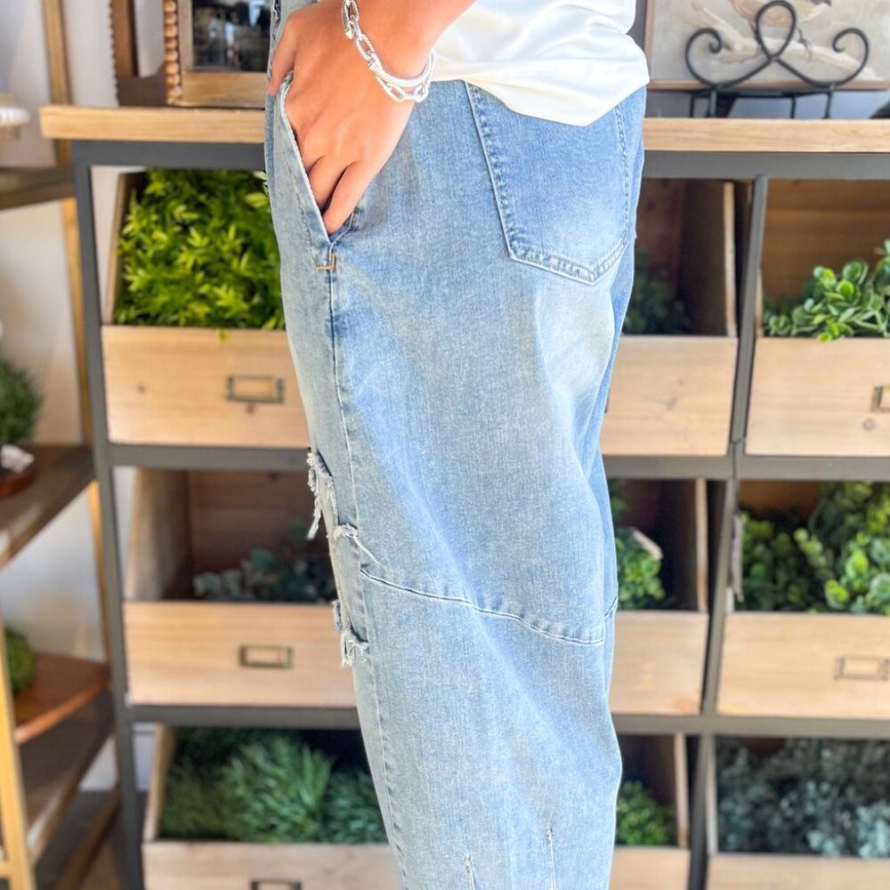 B299 RESTOCKED Beau Blue Light Wash Floral Pocketed High Waist Jeans - Picture 3 of 4